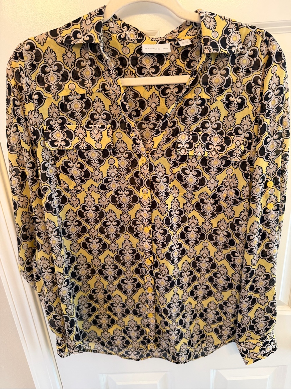 New York & Company Yellow and Black Patterned Button-Down Blouse